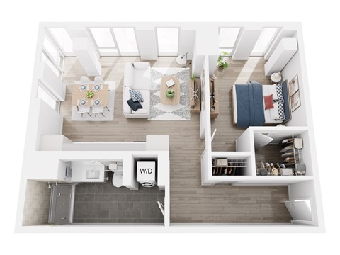 A top down view of a modern apartment with a kitchen, living room, and bedroom.